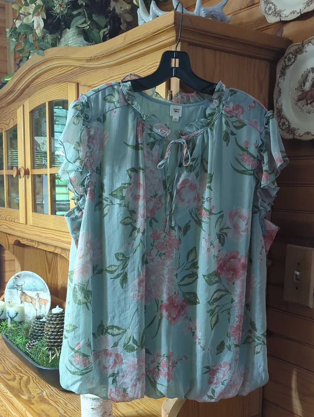 Sky Blue Floral Tie-Neck Ruffle Sleeve Blouse